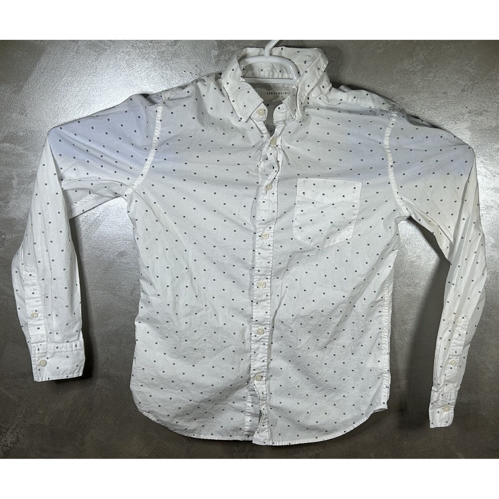 Aeropostale Men's Long Sleeve Button Down White Blue Small Waves Pattern Size S